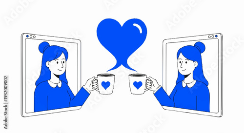 Two women connecting online over coffee with a heart symbol.