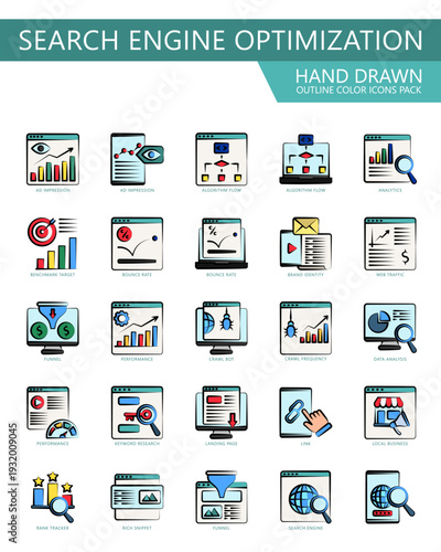 Search Engine Optimization hand drawn-outline color icons pack. contain ad impression, algorithm, analytics, target, brand identity and more. Vector for UI, UX kit.