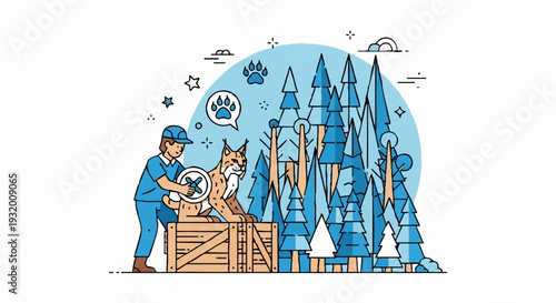 Veterinarian caring for a lynx in a wooden crate.