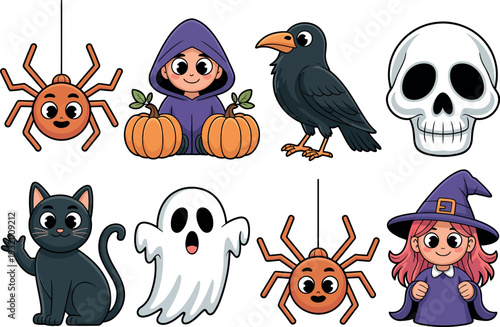A collection of cute Halloween characters includes a smiling spider and a black cat. Children are dressed up in costumes like a purple pumpkin and a little witch.