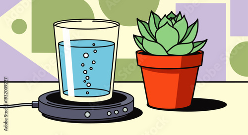 Illustration of a glass of refreshing water on a modern USB cup warmer next to a vibrant green succulent plant, symbolizing hydration, nature, and technology.