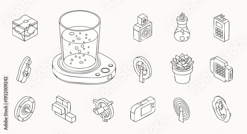 Isometric Line Art Icons Set: Technology, Science, Everyday Objects. Minimal Outline Vector Graphics for Web, App, UI Design. Modern Digital Concepts.