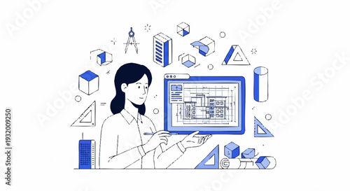 Woman architect working on a blueprint on computer screen.