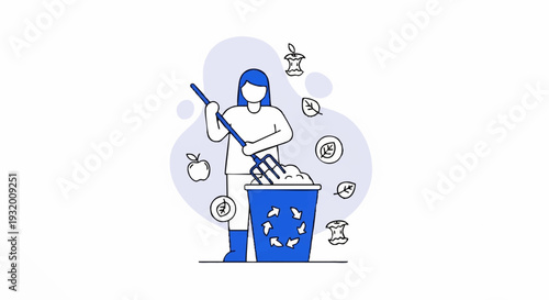 Woman cleaning up waste with a broom and bin.
