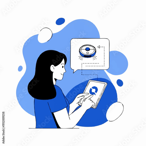 Woman controlling robot vacuum cleaner with tablet device.