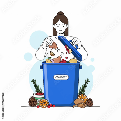 Woman composting food waste in a blue bin.