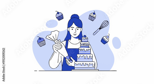 Woman decorating a multitiered cake with a piping bag.