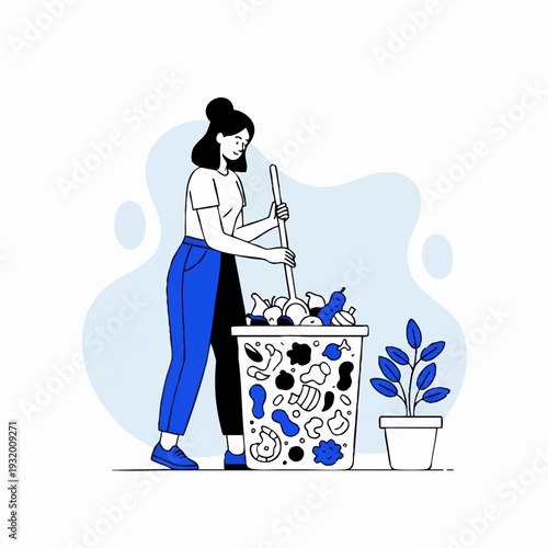 Woman diligently cleaning a overflowing trash bin with a stick.