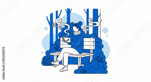 Woman enjoying a warm beverage on a park bench.