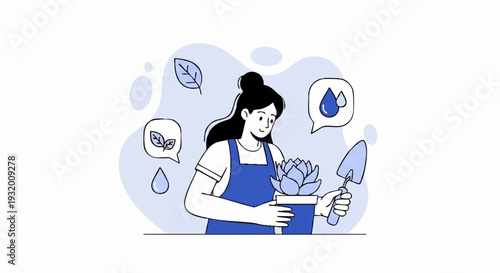 Woman gardener tending to a potted plant with care and attention.