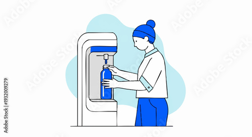 Woman filling bottle from water cooler machine.