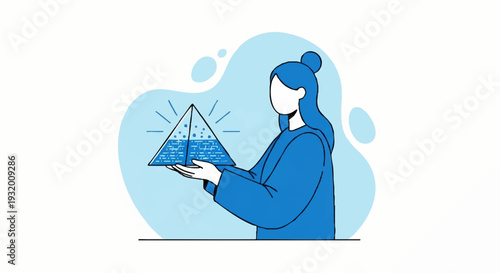 Woman holding a glowing pyramid with geometric patterns.