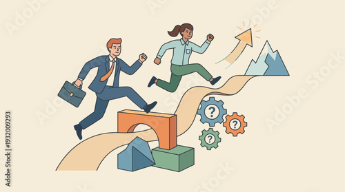 Motivated business people jumping over obstacles on a winding path towards mountain peaks and success, representing career growth, problem solving skills, ambition, and professional achievement.