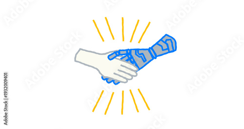 Hand drawn illustration human and robot handshake. AI cooperation, machine learning partnership and digital trust doodle sketch. Isolated.