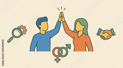 Gender Equality Concept Illustration with Man and Woman Giving High Five, Interlocked Male and Female Symbols, Handshake and Magnifying Glass Icons Representing Diversity, Inclusion and Partnership