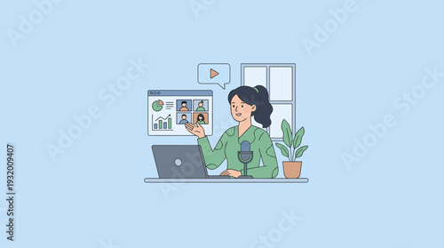 Young woman hosting a live streaming event or webinar from home with a laptop and microphone. She is presenting data charts and video conferencing with colleagues in a flat vector illustration.