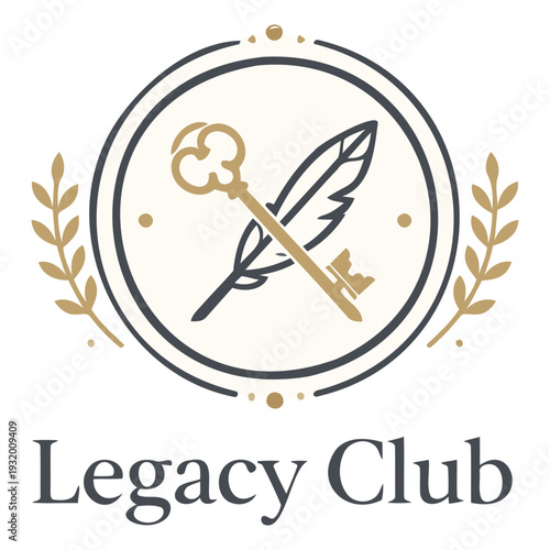 Elegant vintage logo design featuring a quill and key emblem for heritage and legacy themes perfect for clubs or organizations