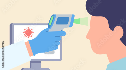 Vector illustration of a medical professional in blue gloves using a non-contact infrared thermometer gun to measure a person's body temperature for fever screening during a virus pandemic.