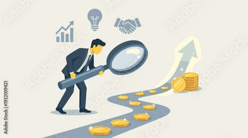 Businessman holding a large magnifying glass searching for business opportunities and ways to make money, following a path of gold coins towards financial growth, success, and investment strategy.