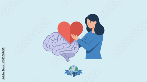 Mental Health Awareness Concept Vector Illustration with a Woman Placing a Large Red Heart on a Purple Human Brain for World Mental Health Day, Promoting Emotional Well-being and Mindful Balance.