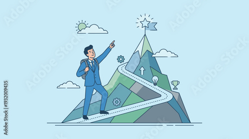 Businessman Pointing to a Star on a Mountain Peak Representing Career Success, Goal Setting, and Achievement, Flat Vector Illustration of a Professional Journey, Ambition, and Business Growth.