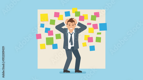 Stressed Businessman or Office Worker Overwhelmed by Workload and Many Colorful Sticky Note Reminders, Frustrated Employee Facing Burnout, Deadline Pressure and Time Management Concept Illustration