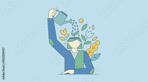 Personal Growth Concept Illustration of a Person Watering Their Own Head with a Watering Can to Grow Flowers and Plants, Symbolizing Self-Improvement, Mental Health, and Self-Development