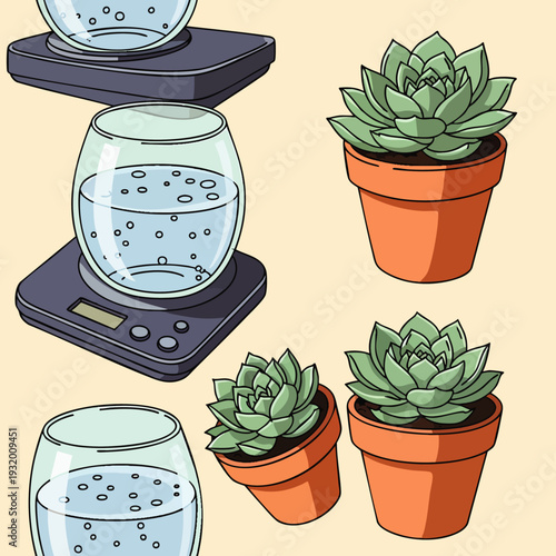 Vector illustration of potted succulent plants and glass bowls with water on digital scales, perfect for gardening, science, or home decor designs.
