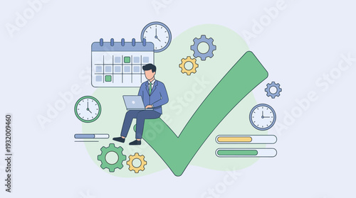 Business Project Task Management and Effective Time Planning Concept with Professional Working on Laptop Sitting on Large Checkmark, Featuring Calendar, Clocks, Gears, and Progress Bars.