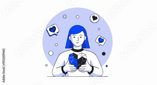Woman holding two smartphones with social media icons floating around her.