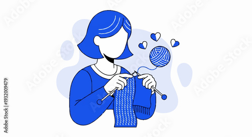 Woman knitting with blue yarn and needles creating fabric.
