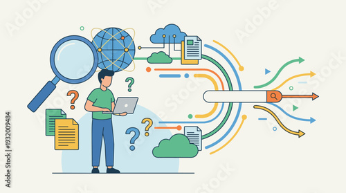 Flat Vector Illustration of a Man Using a Laptop to Search for Information Online with Magnifying Glass, Globe, and Search Bar Icons, Representing Digital Research, SEO, and Global Data Analysis.