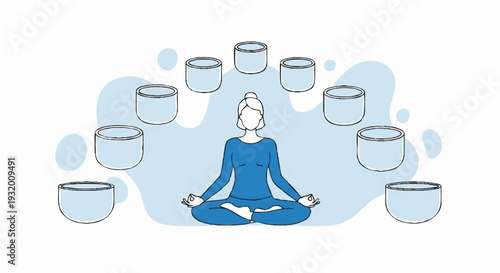 Woman meditating surrounded by singing bowls for sound healing.