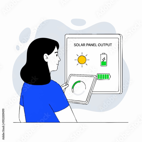 Woman monitoring solar panel output on a tablet device.