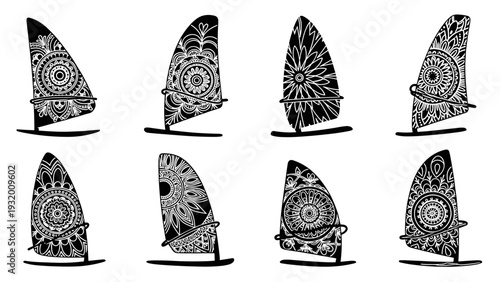 Ornamental sailboat silhouettes with intricate mandala patterns