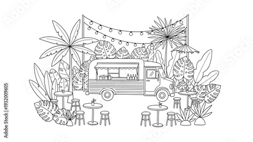 Tropical food truck cafe in a lush garden with ambient lighting