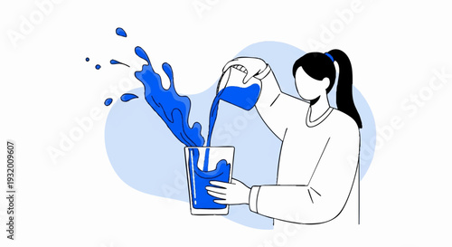 Woman pouring blue liquid creating splash into glass.