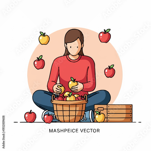 Woman sitting and sorting apples into a basket.