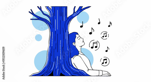 Woman Relaxing Under Blue Tree Listening to Music.