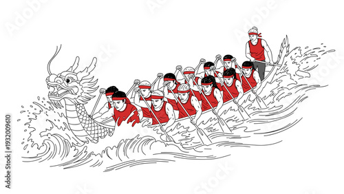 Dynamic dragon boat racing team in action with stylized waves and dragon head