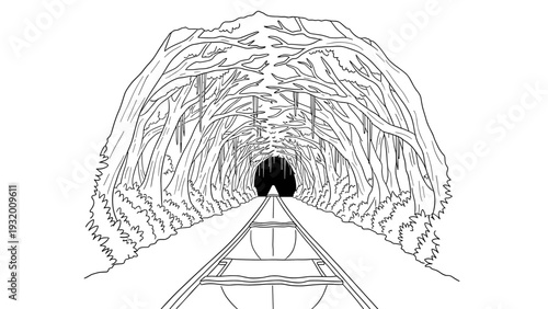 Monochrome architectural tunnel with trees and path: nature and structure fusion