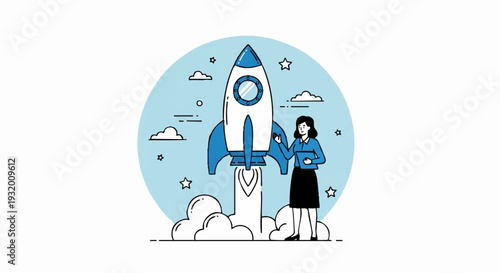 Woman Standing Next to Rocket Launching into Space.