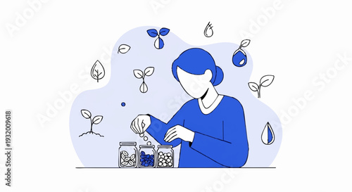Woman tending to plants in jars for growth.
