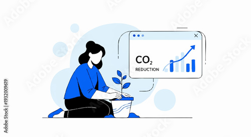 Woman tending to a plant with CO2 reduction graph on screen.
