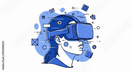 Woman Wearing Virtual Reality Headset Immersed in Digital World.