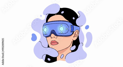 Woman Wearing Futuristic Virtual Reality Headset Immersed in Digital World.