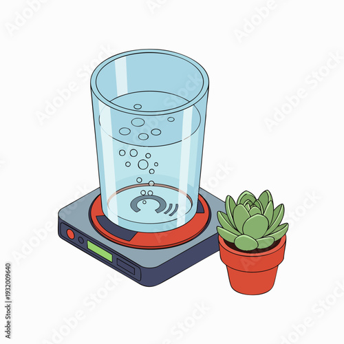 Isometric illustration: Glass of water boiling on an induction cooker, bubbles rising, next to a small potted succulent plant. Science, kitchen, home concepts.