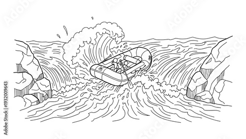 Thrilling whitewater rafting adventure in black and white line art