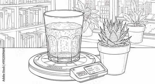 Detailed line art coloring page featuring a glass of sparkling water on a smart coaster, digital device, potted plants, and a bookshelf.