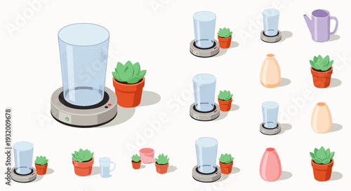 Isometric vector set of potted succulent plants, glass cloches, watering cans, and decorative vases. Perfect for home garden decor and plant care illustrations.